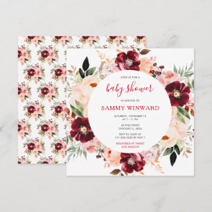 Invitation Bain de bébé floral rouge Bourgogne et rose tendre