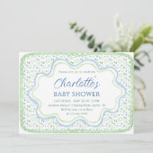 Invitation Bain de bébé garçon à l'aquarelle vert mousse et b (Debout devant)