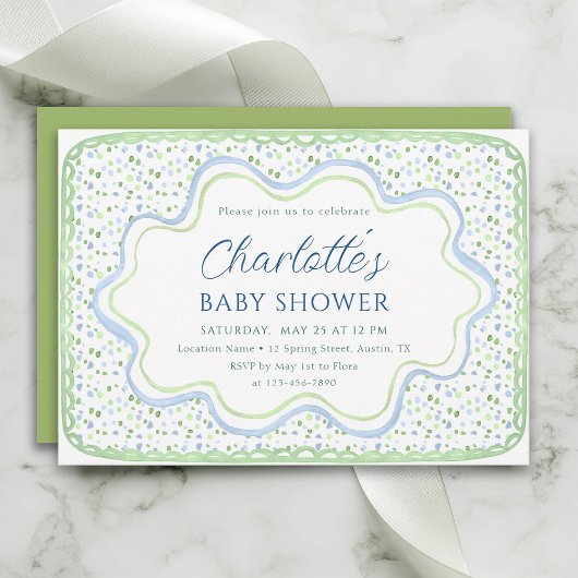 Invitation Bain de bébé garçon à l'aquarelle vert mousse et b