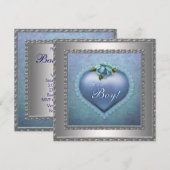 Invitation Bain de bébé garçon bleu sarcelle marine damassé (Devant / Derrière)
