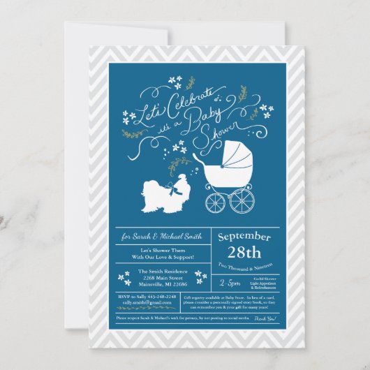 Invitation Bain de bébé garçon bleu Shih Tzu (Devant)