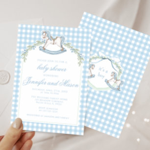 Invitation Bain de bébé garçon bohème à cheval à bascule bleu