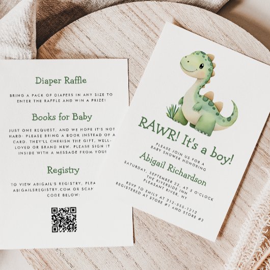 Invitation Bain de bébé garçon code QR dinosaure vert mignon