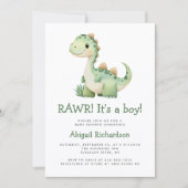 Invitation Bain de bébé garçon code QR dinosaure vert mignon (Devant)