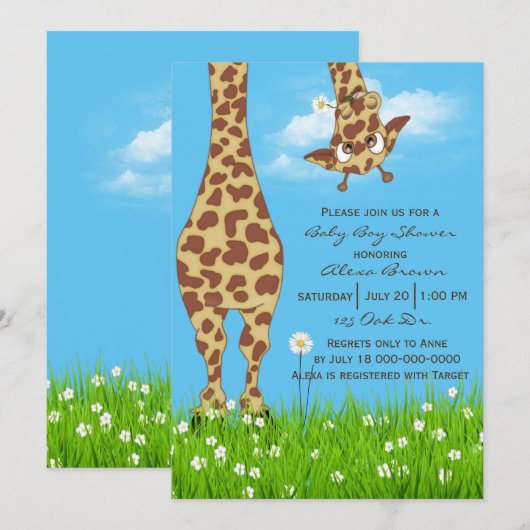 Invitation Bain de bébé garçon girafon mignon (Devant / Derrière)