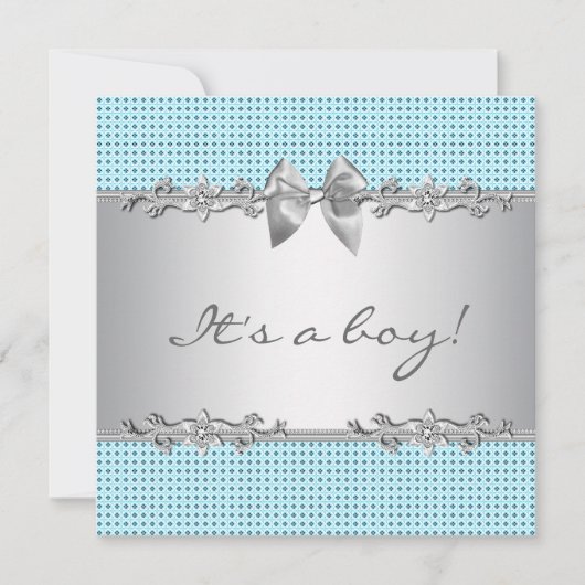 Invitation Bain de bébé garçon gris bleu argenté blanc (Devant)