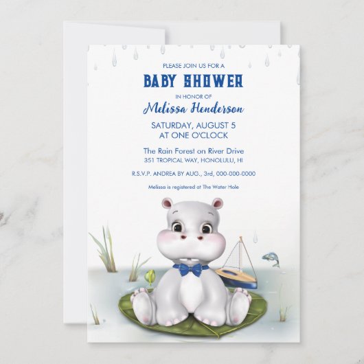 Invitation Bain de bébé garçon Hippo (Devant)