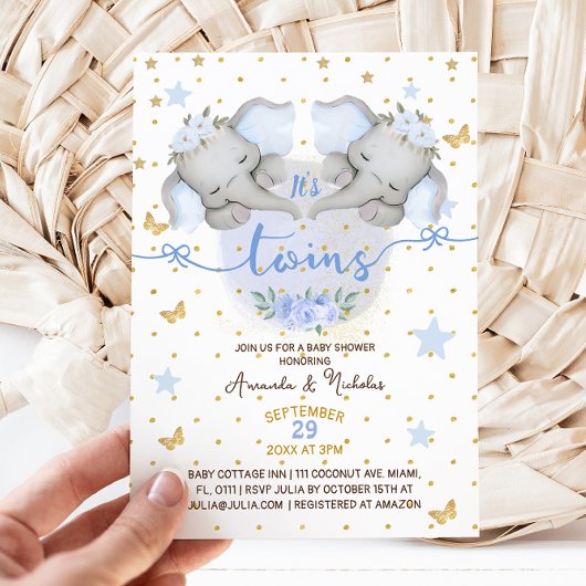 Invitation Bain de bébé garçon jumeaux éléphant