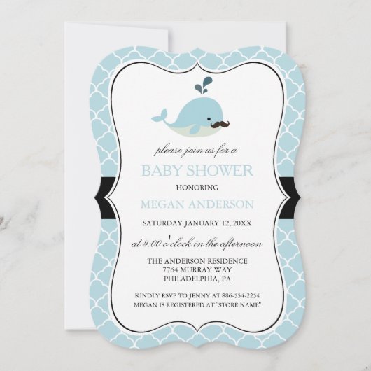 Invitation Bain de bébé garçon moustachu bleu et mignon (Devant)