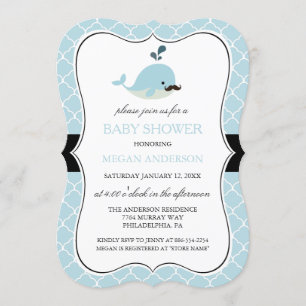 Invitation Bain de bébé garçon moustachu bleu et mignon
