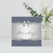 Invitation Bain de bébé garçon rayé bleu marine gris (Debout devant)