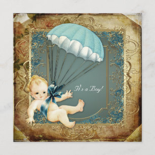 Invitation Bain de bébé garçon vintage bleu sarcelle et or