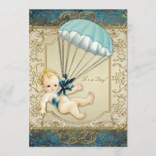 Invitation Bain de bébé garçon vintage bleu sarcelle et or
