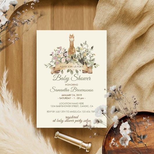 Invitation Bain de bébé genre neutre en beige avec un alpaga