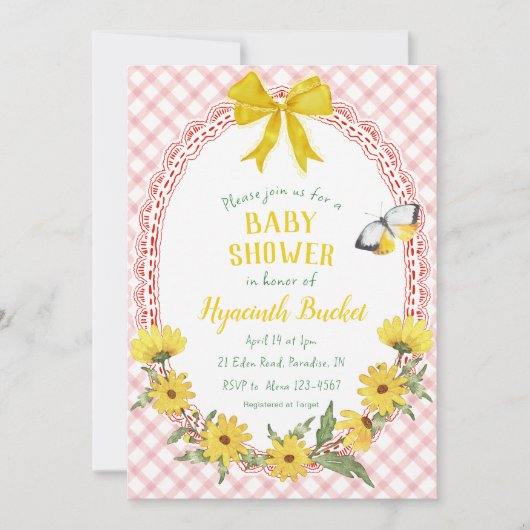 Invitation Bain de bébé Gingham à nœud papillon rouge jaune D (Devant)