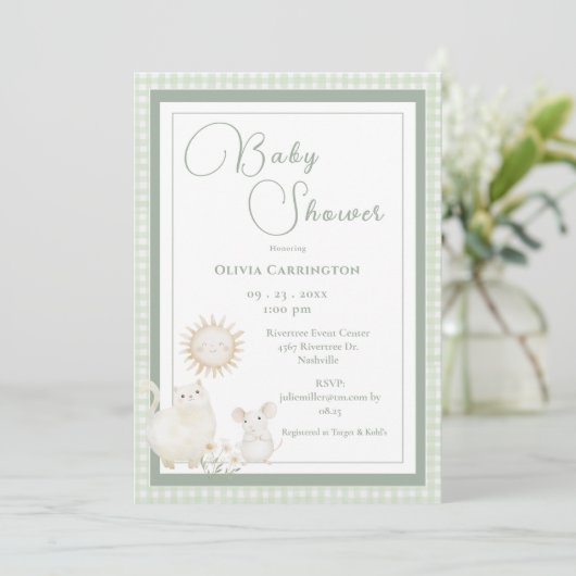 Invitation Bain de bébé Gingham Vintage Souris (Debout devant)