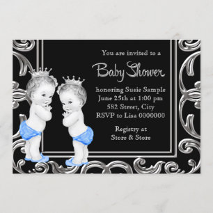 Invitation Bain de bébé jumeaux garçon noir, bleu et argent