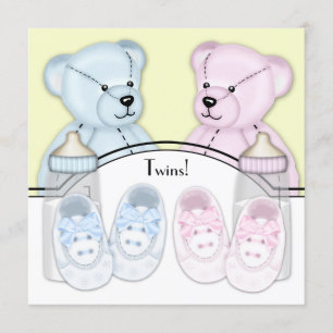 Invitation Bain de bébé jumeaux ourson rose bleu