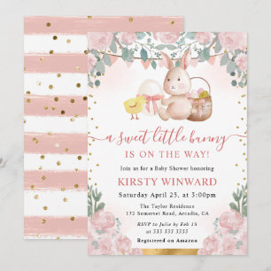 Invitation Bain de bébé Lapin aquarelle et fleurs roses