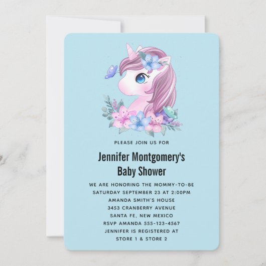 Invitation Bain de bébé licorne aquarelle mignon (Devant)