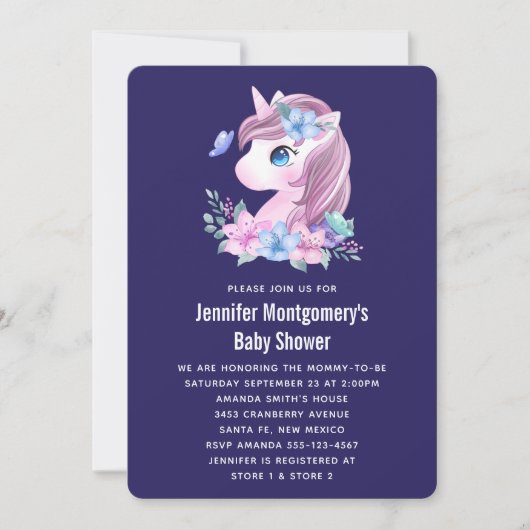 Invitation Bain de bébé licorne mignonne aquarelle (Devant)