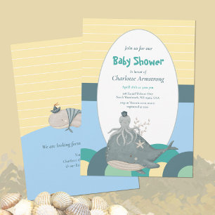 Invitation Bain de bébé marin adorable baleine pieuvre jaune