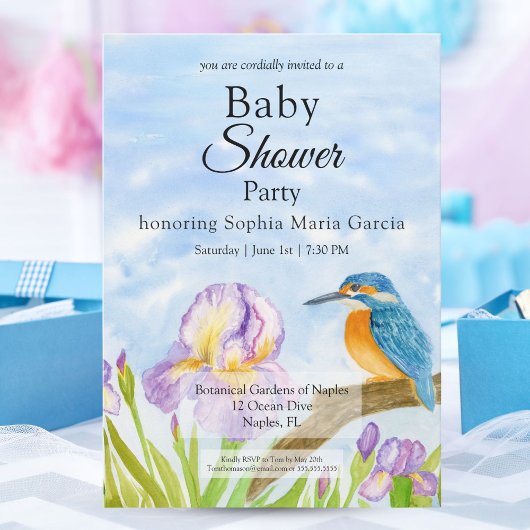 Invitation Bain de bébé Martin-pêcheur aux iris violets
