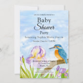 Invitation Bain de bébé Martin-pêcheur aux iris violets (Devant)