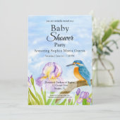 Invitation Bain de bébé Martin-pêcheur aux iris violets (Debout devant)