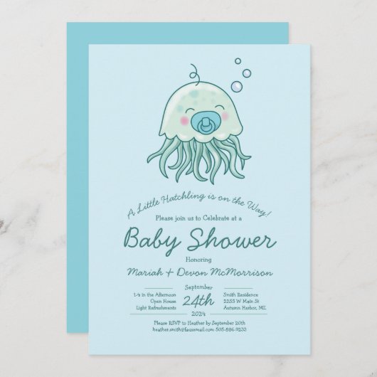 Invitation Bain de Bébé Méduse Mignon Garçon Bleu Kawaii (Devant / Derrière)