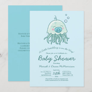 Invitation Bain de Bébé Méduse Mignon Garçon Bleu Kawaii