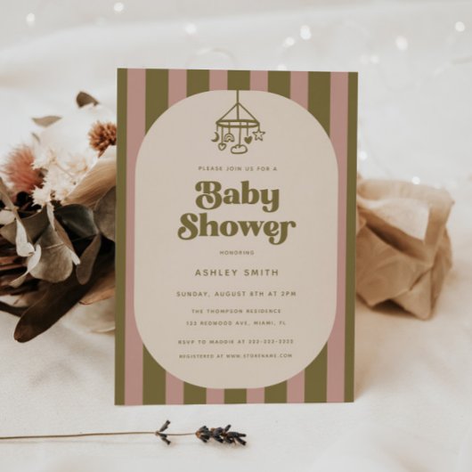 Invitation Bain de bébé Moderne Rétro Rose et Vert Rayé