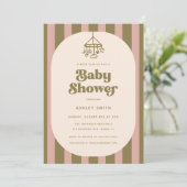 Invitation Bain de bébé Moderne Rétro Rose et Vert Rayé (Debout devant)