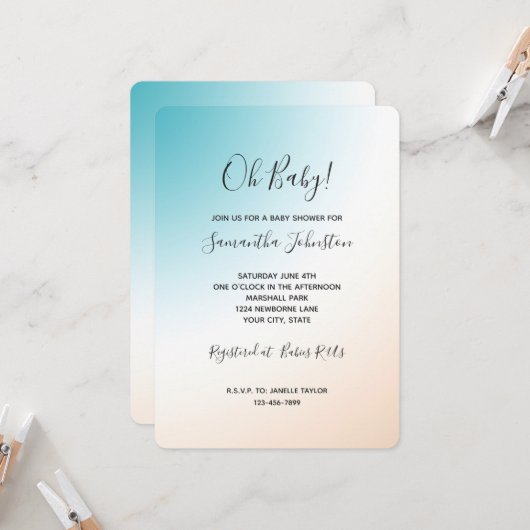 Invitation Bain de bébé ombré blanc pêche aqua (Devant/Arrière en situation)