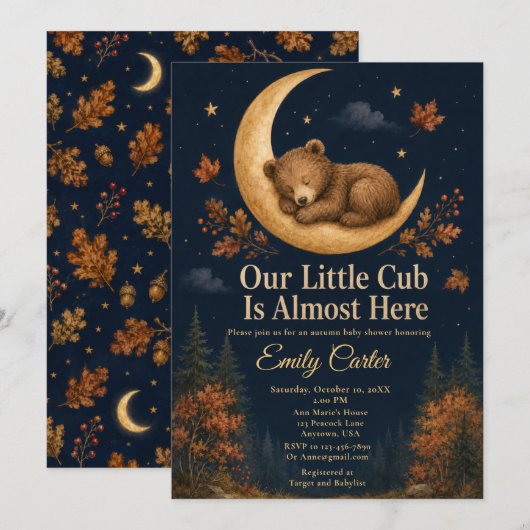Invitation Bain de bébé Ours d'Automne (Devant / Derrière)