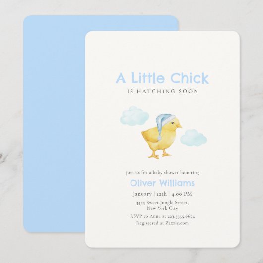 Invitation Bain de bébé Petit Poulet Bleu Céleste (Devant / Derrière)