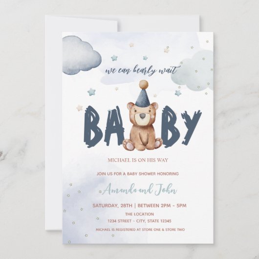Invitation Bain de bébé pour un bébé ours en peluche (Devant)