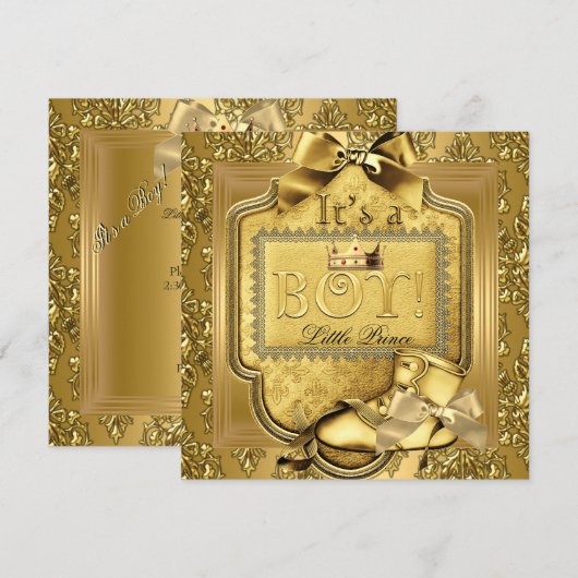 Invitation Bain de bébé Prince Bébé garçon Elite Damassé Or (Devant / Derrière)