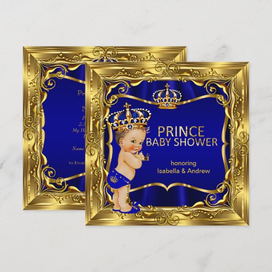 Invitation Bain de bébé prince garçon bleu orné or (Devant / Derrière)