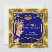 Invitation Bain de bébé prince garçon bleu orné or (Devant)