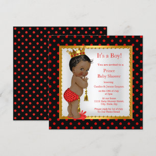 Invitation Bain de bébé Prince Rouge Or Noir Garçon Ethnique