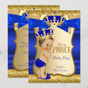 Invitation Bain de bébé Prince Royal Bleu Or Damassé Brunette