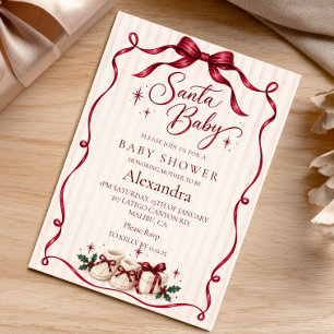 Invitation Bain de bébé Santa Ruban bordeaux