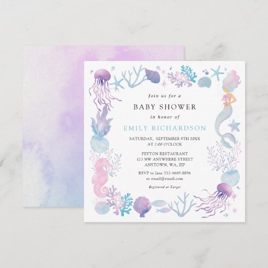 Invitation Bain de bébé sirène à l'aquarelle sous la mer (Devant / Derrière)