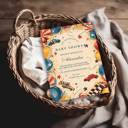 Invitation Bain de bébé voiture de course vintage