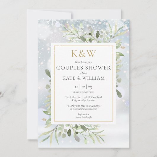 Invitation Bain de couples chic en or avec monogramme et verd (Devant)