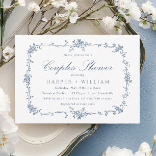 Invitation Bain de couples floral bleu classique français
