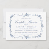 Invitation Bain de couples floral bleu classique français (Devant)