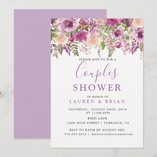 Invitation Bain de couples mixte floral lavande violet (Devant / Derrière)
