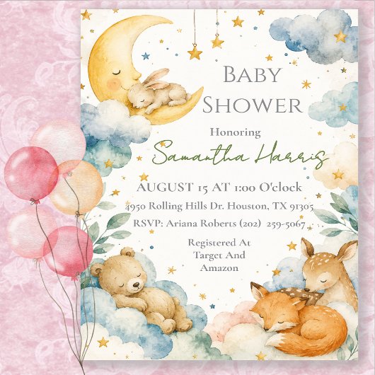 Invitation Bain de lune céleste à l'aquarelle pour bébé